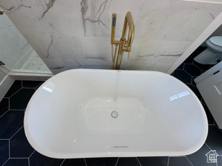 Room details featuring a freestanding tub and toilet