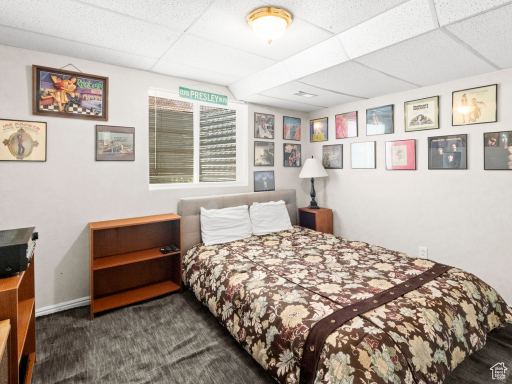 Carpeted bedroom featuring a paneled ceiling