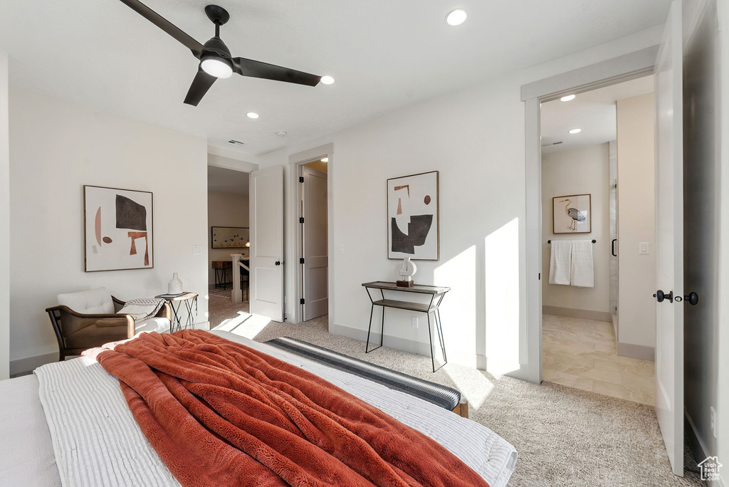 Bedroom featuring baseboards, recessed lighting, light carpet, and ceiling fan