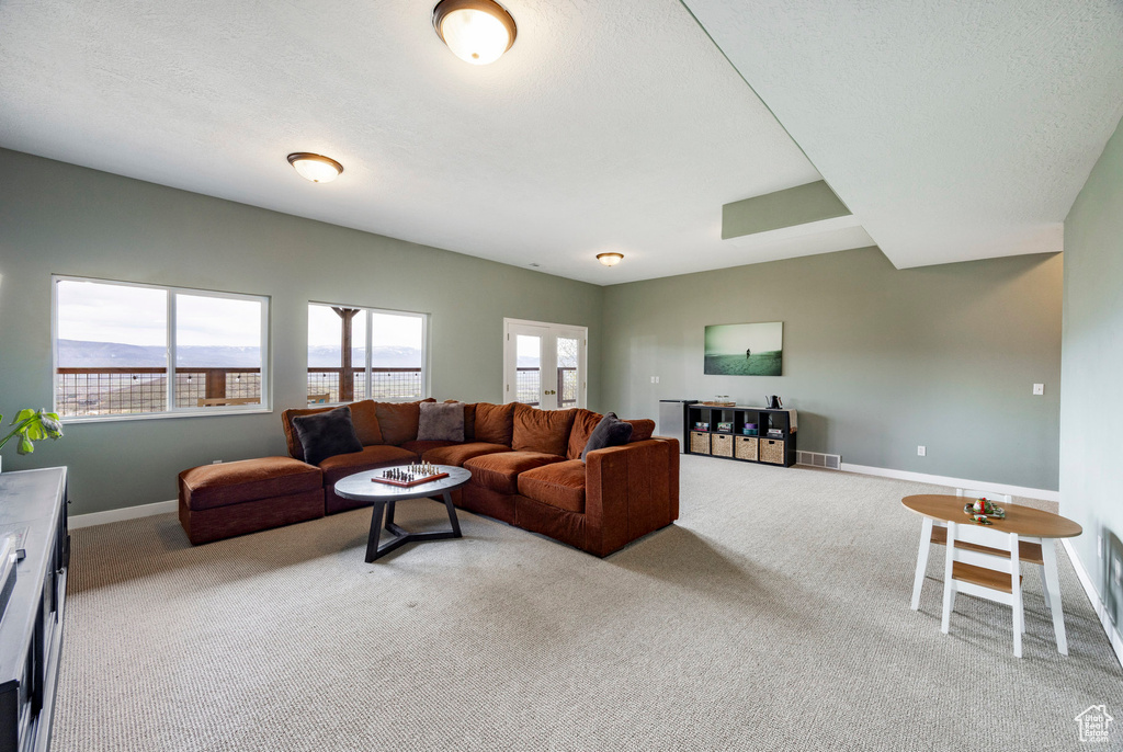 Living room featuring light colored carpet and baseboards