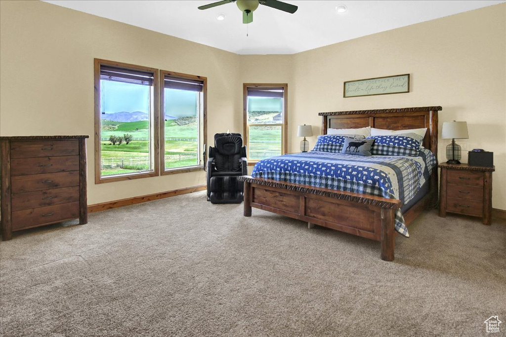 Carpeted bedroom with baseboards, a ceiling fan, and multiple windows