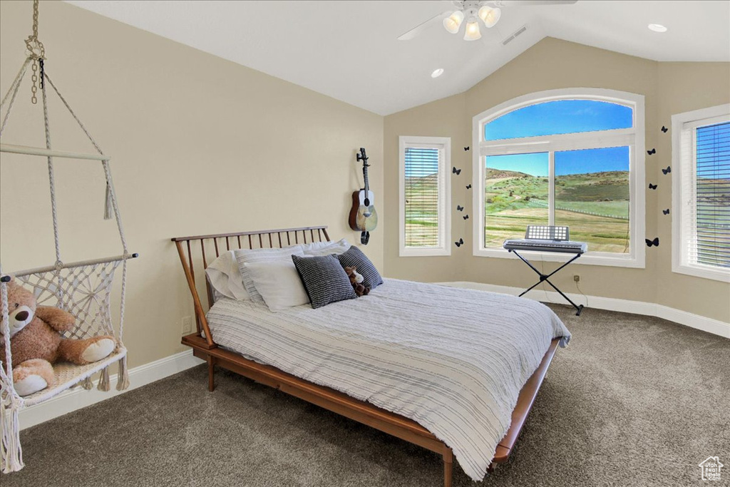 Bedroom with baseboards, multiple windows, carpet, and vaulted ceiling