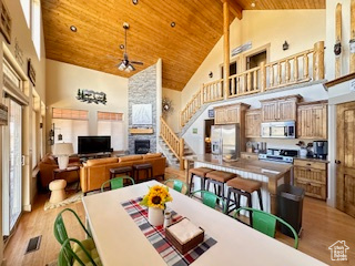 Kitchen featuring fridge with ice dispenser, wooden ceiling, stainless steel microwave, light wood-type flooring, and high vaulted ceiling