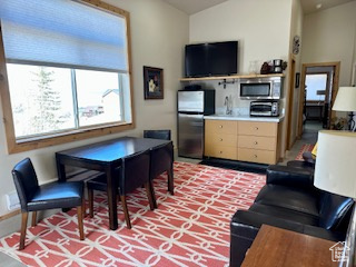 Interior space featuring lofted ceiling
