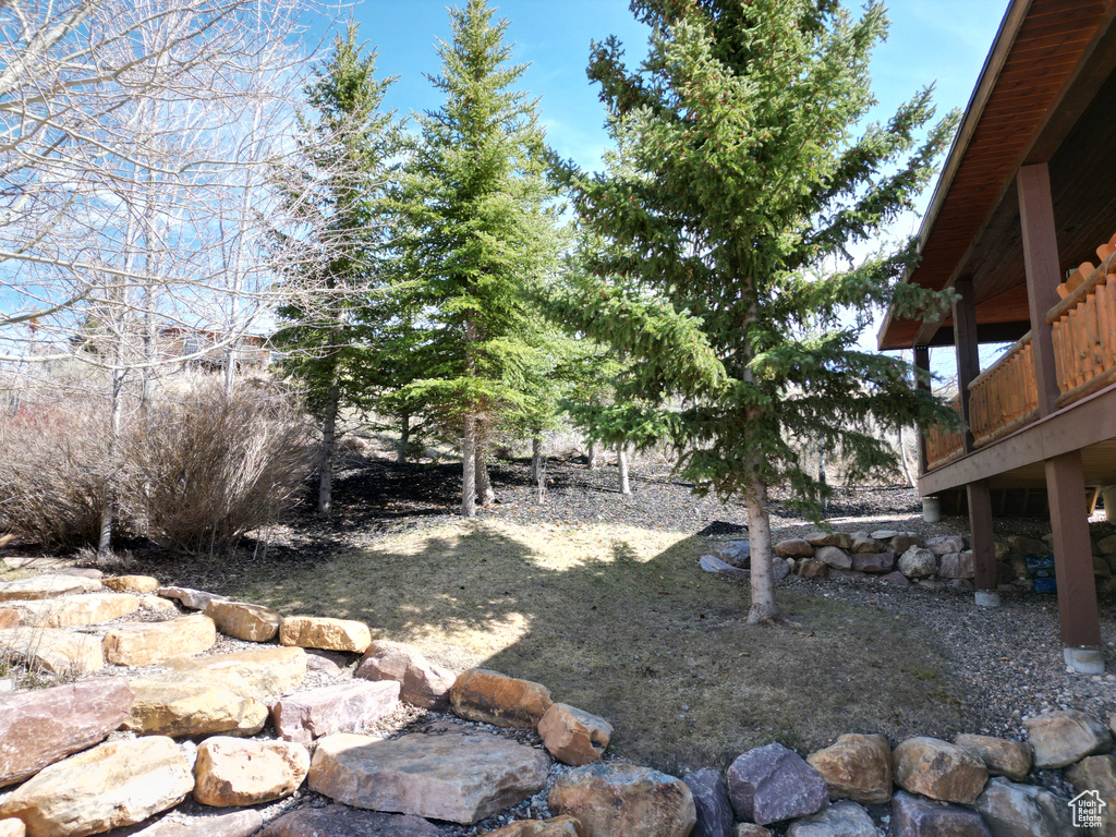 View of yard featuring a wooden deck