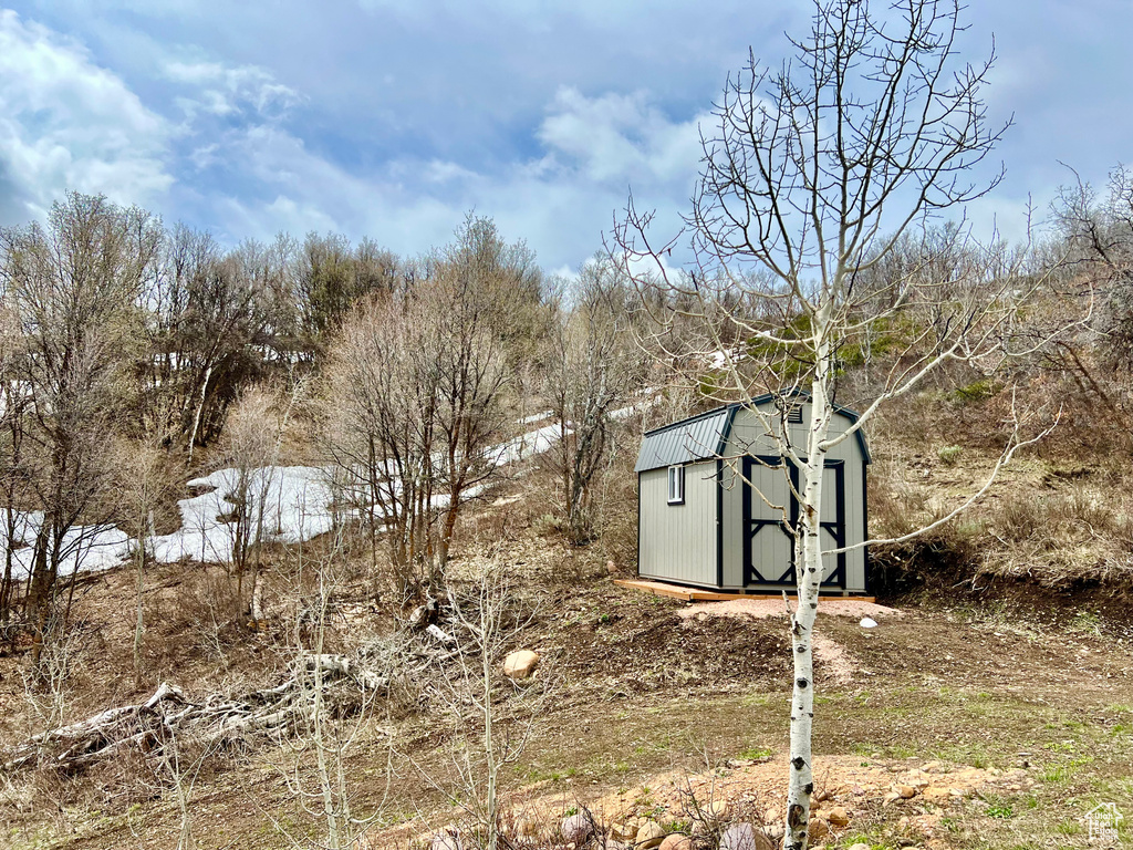 View of yard with a storage unit and an outbuilding
