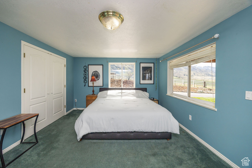 Bedroom with dark carpet, a closet, and baseboards