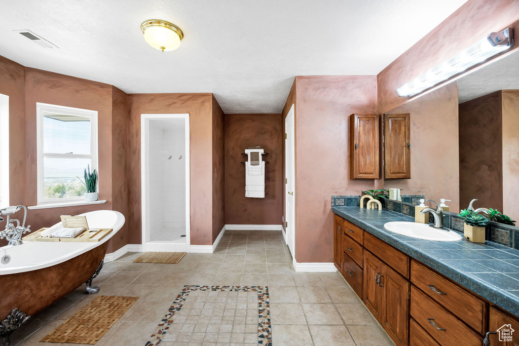 Full bathroom featuring visible vents, baseboards, a freestanding tub, vanity, and tile patterned flooring