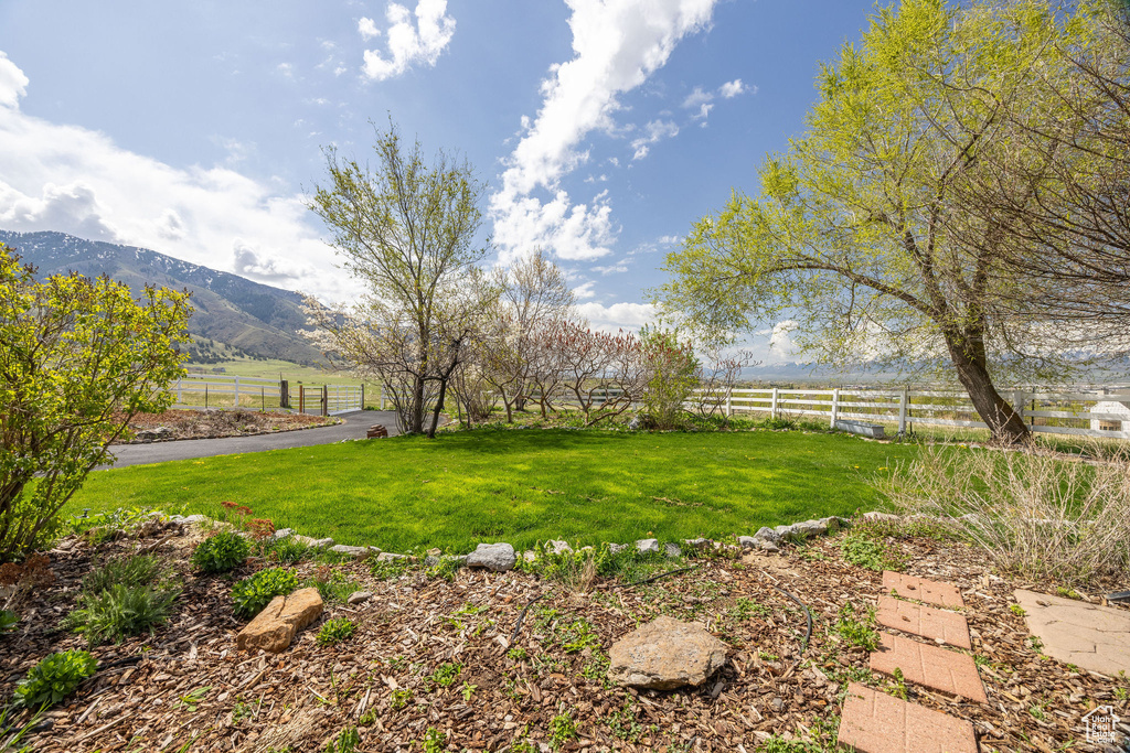 View of yard featuring a mountain view, fence, and a rural view