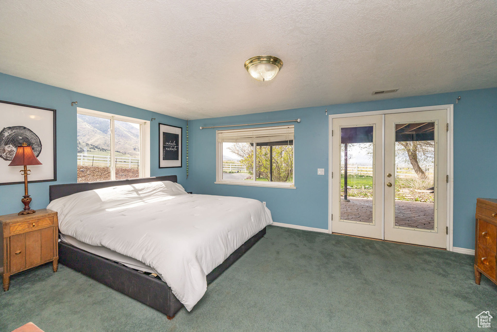 Carpeted bedroom with visible vents, french doors, access to outside, and baseboards