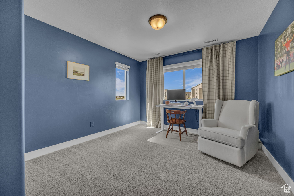 Living area featuring baseboards, visible vents, and carpet