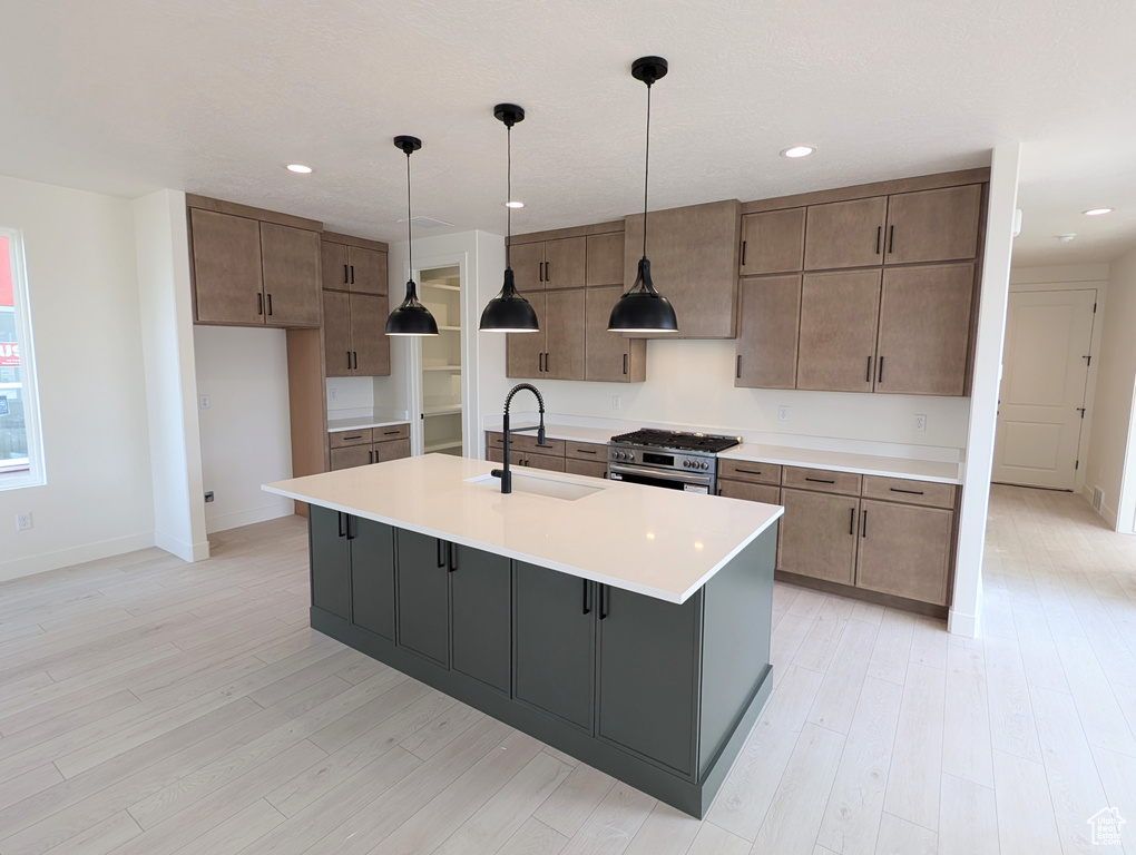 Kitchen with light countertops, a sink, light wood-style floors, and stainless steel gas range oven