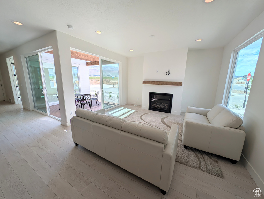 Living area featuring healthy amount of natural light, light wood-style floors, a glass covered fireplace, and recessed lighting