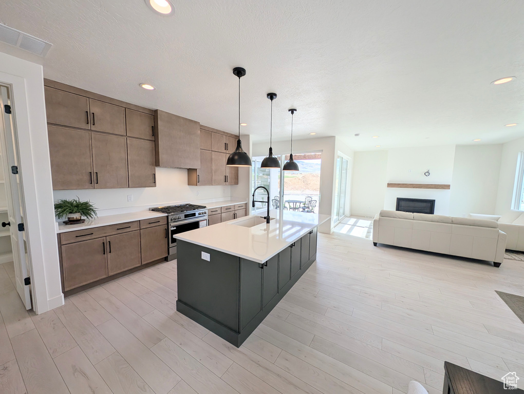Kitchen featuring stainless steel range with gas stovetop, a sink, light countertops, healthy amount of natural light, and recessed lighting