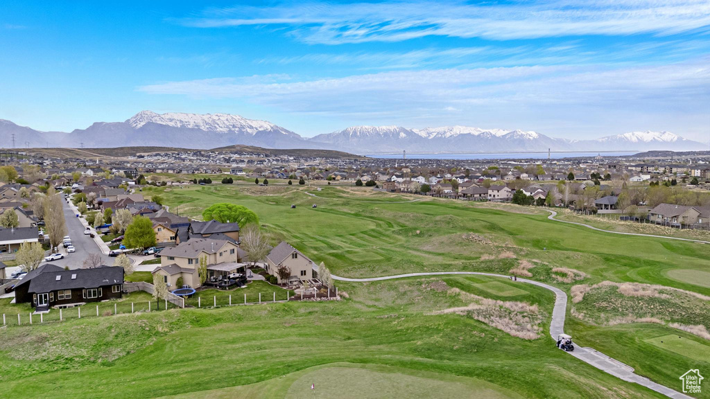 Bird\'s eye view with a mountain view, a residential view, and view of golf course
