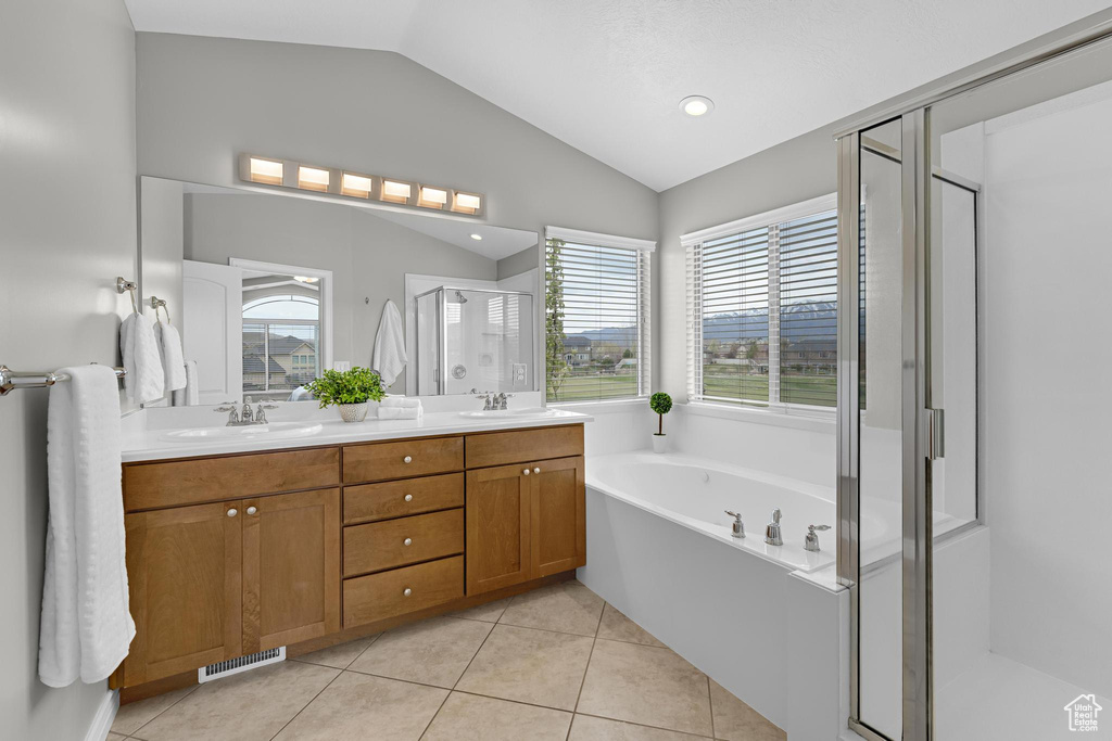 Full bathroom with a stall shower, a sink, lofted ceiling, and plenty of natural light