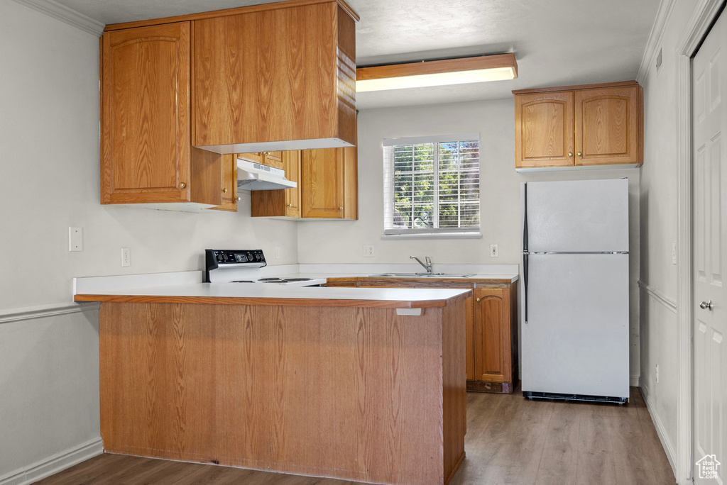 Kitchen featuring freestanding refrigerator, stove, under cabinet range hood, wood finished floors, and a peninsula