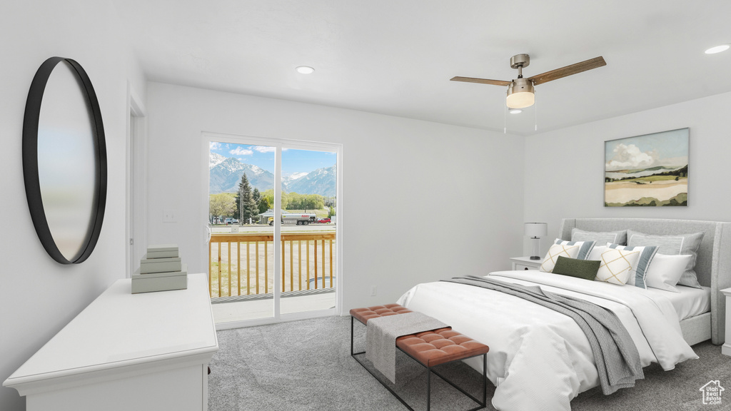 Bedroom with carpet, access to outside, a mountain view, recessed lighting, and a ceiling fan
