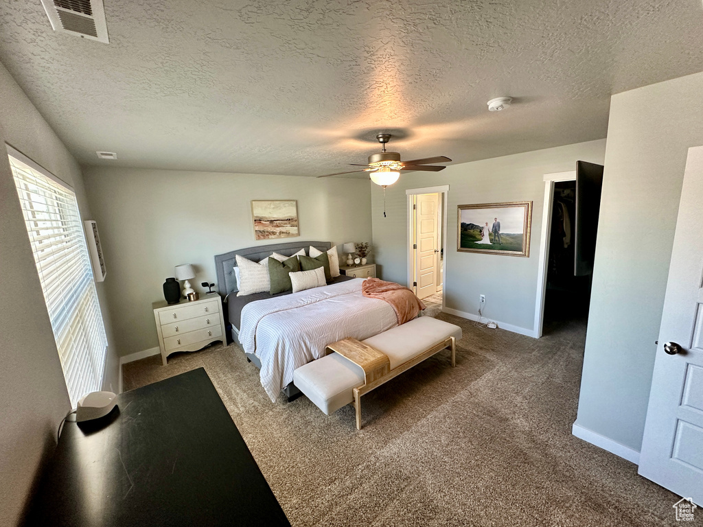 Carpeted bedroom with a textured ceiling, visible vents, and baseboards