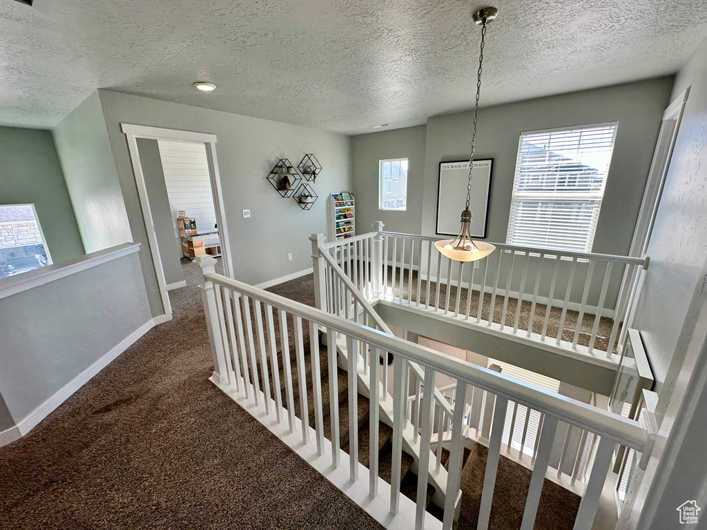 Staircase with a textured ceiling, baseboards, and carpet floors