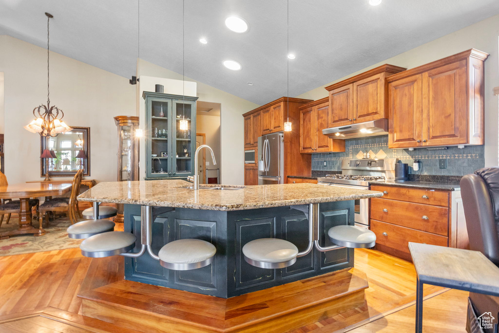 Kitchen featuring under cabinet range hood, light wood-type flooring, stainless steel appliances, and a sink