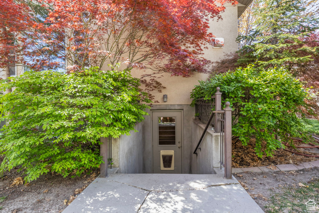 Entrance to property featuring stucco siding