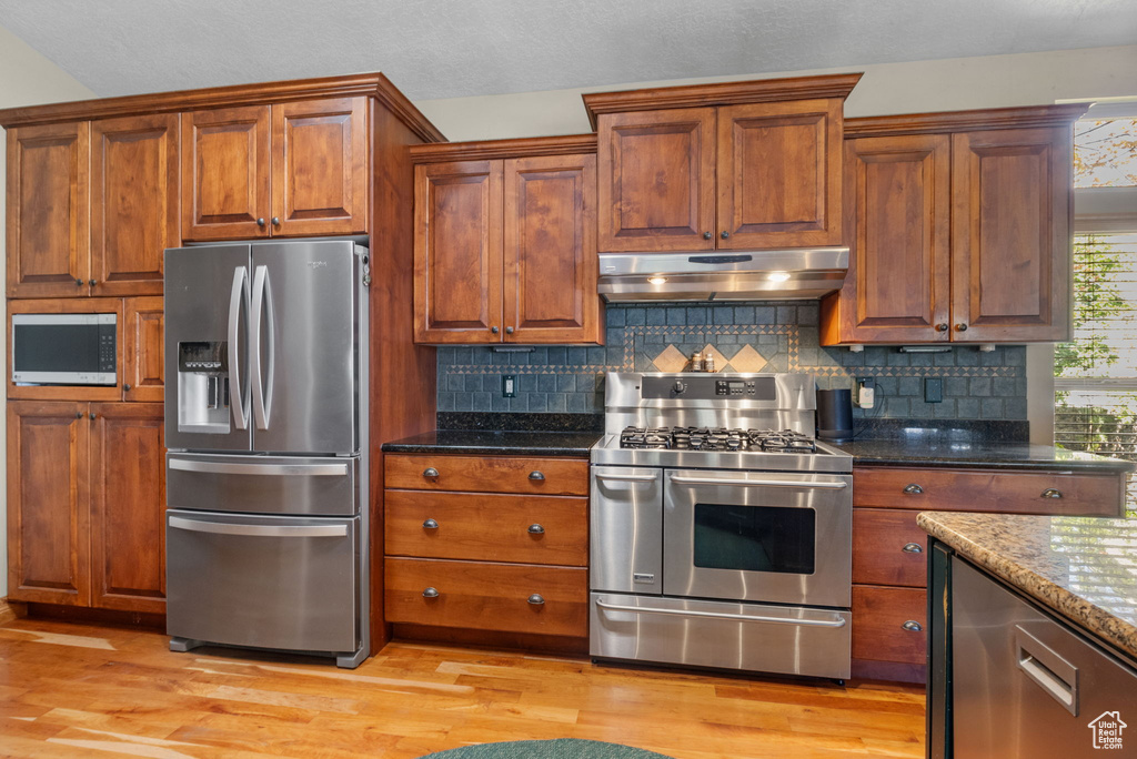 Kitchen featuring light wood finished floors, under cabinet range hood, and appliances with stainless steel finishes