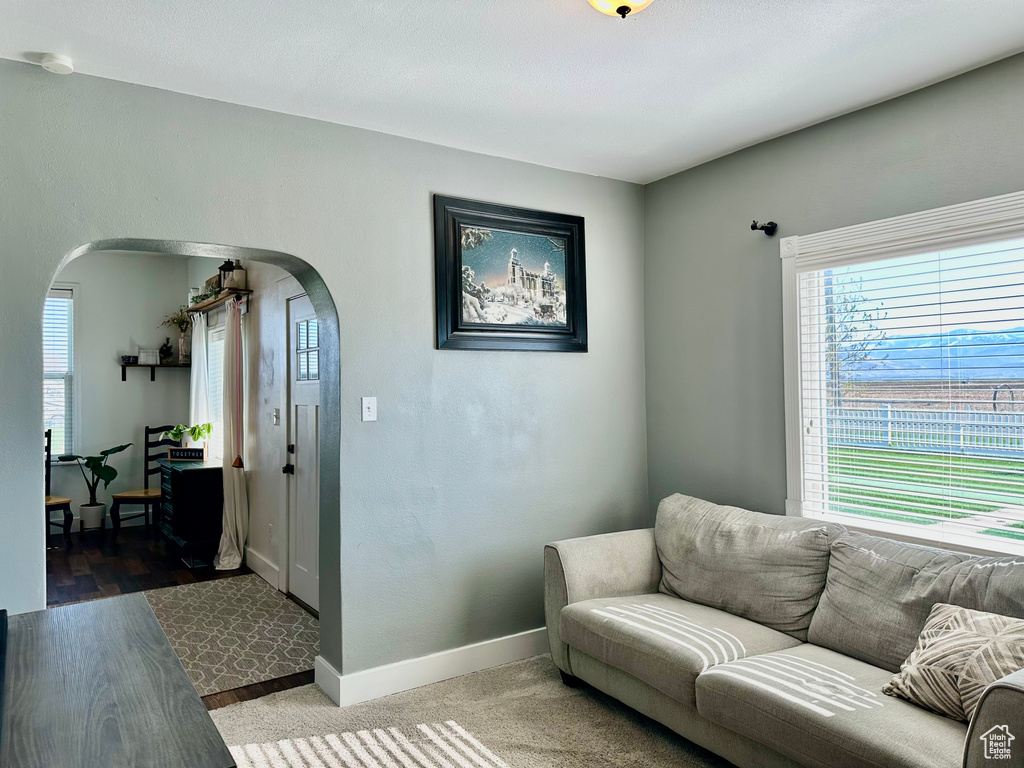 Living area with baseboards and arched walkways