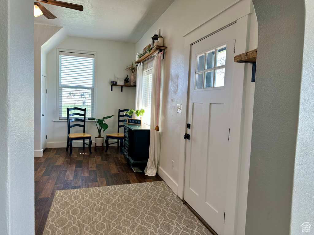 Foyer with baseboards, a ceiling fan, and dark wood-style flooring