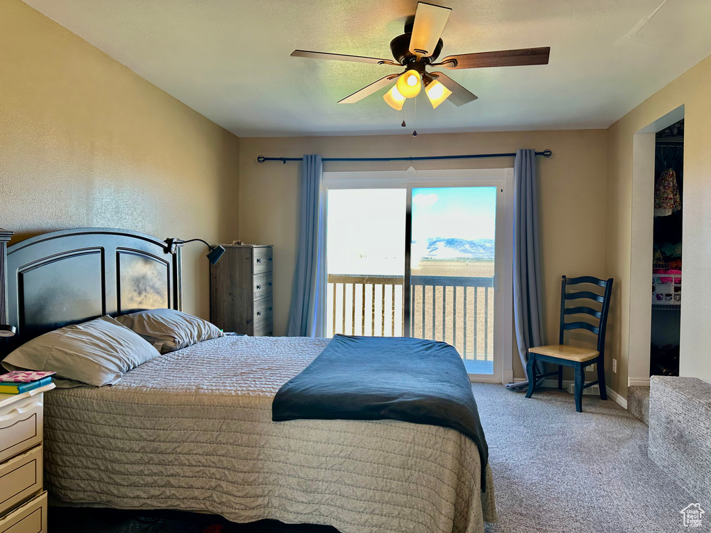 Carpeted bedroom with access to exterior, a ceiling fan, and baseboards
