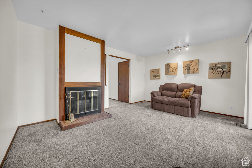 Carpeted living room featuring baseboards and track lighting