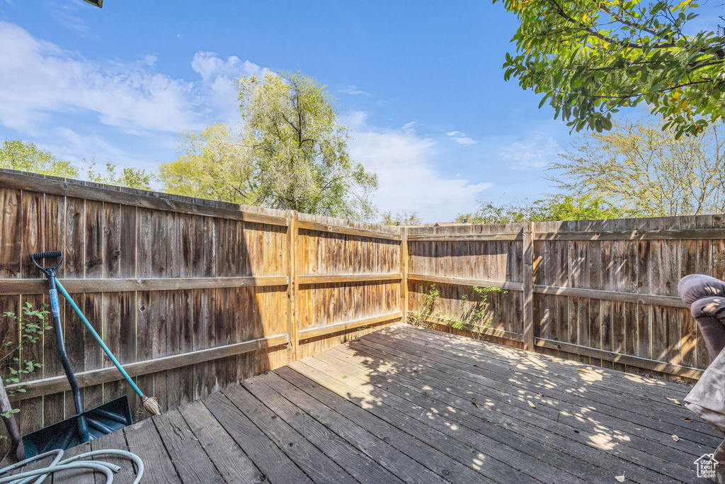Wooden terrace featuring a fenced backyard