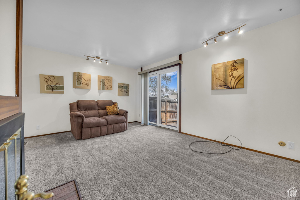 Living area featuring baseboards, rail lighting, and carpet floors