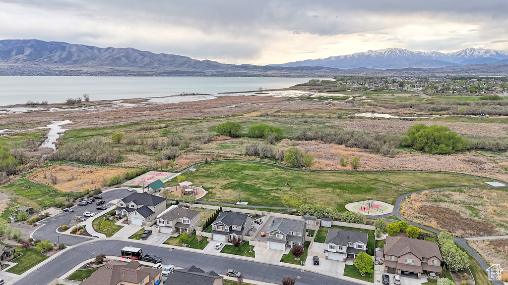 Aerial view with a residential view and a water and mountain view