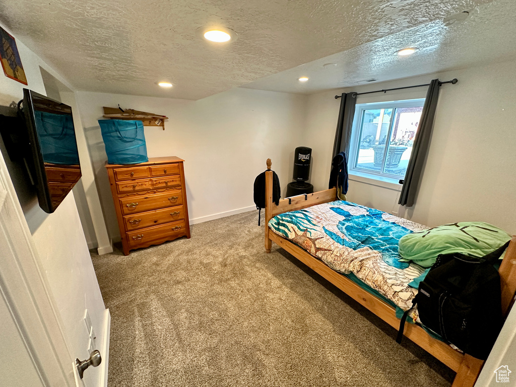 Bedroom featuring carpet, recessed lighting, baseboards, and a textured ceiling