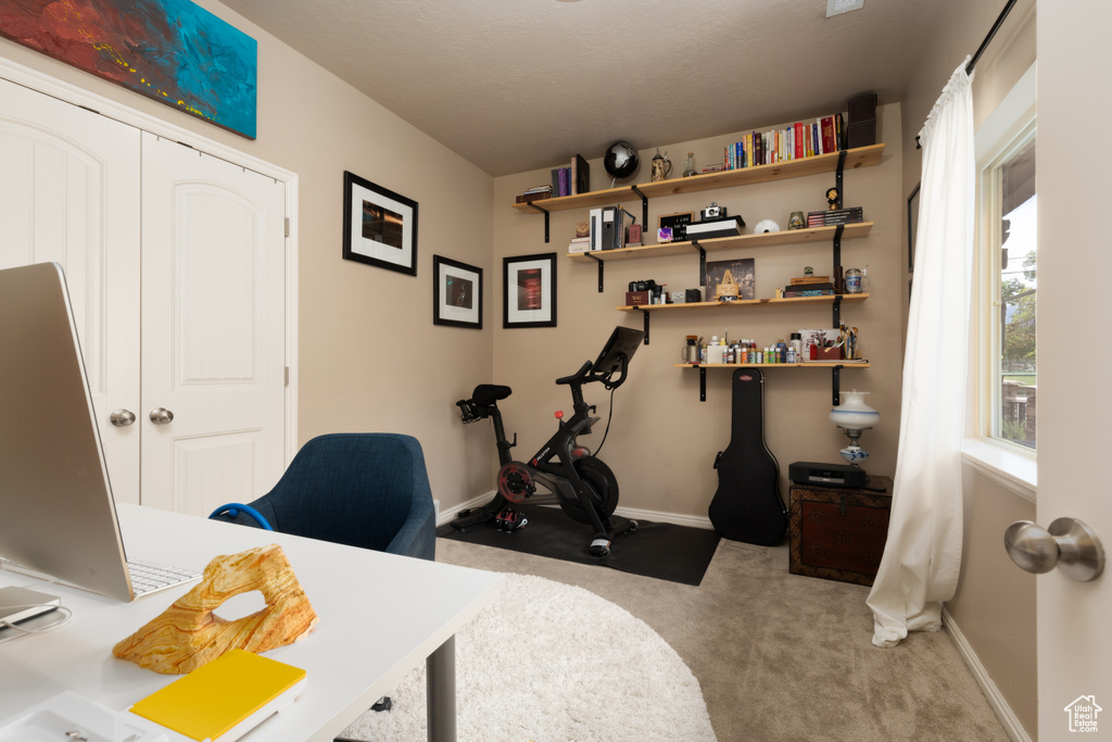 Carpeted home office featuring baseboards
