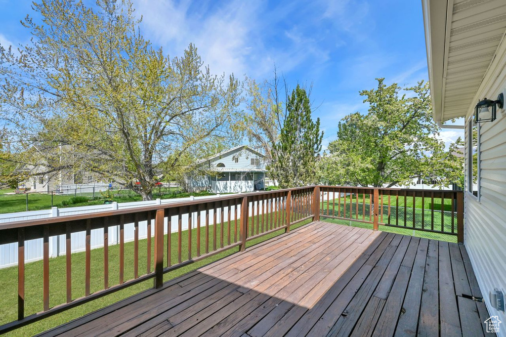 Wooden terrace with a yard and a fenced backyard