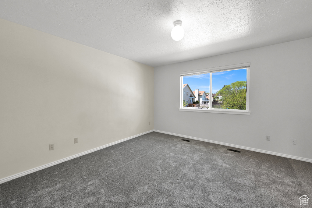 Unfurnished room featuring visible vents, a textured ceiling, and carpet flooring