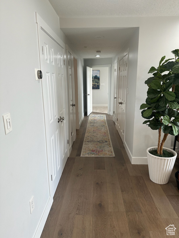 Hallway with baseboards and dark wood-style floors
