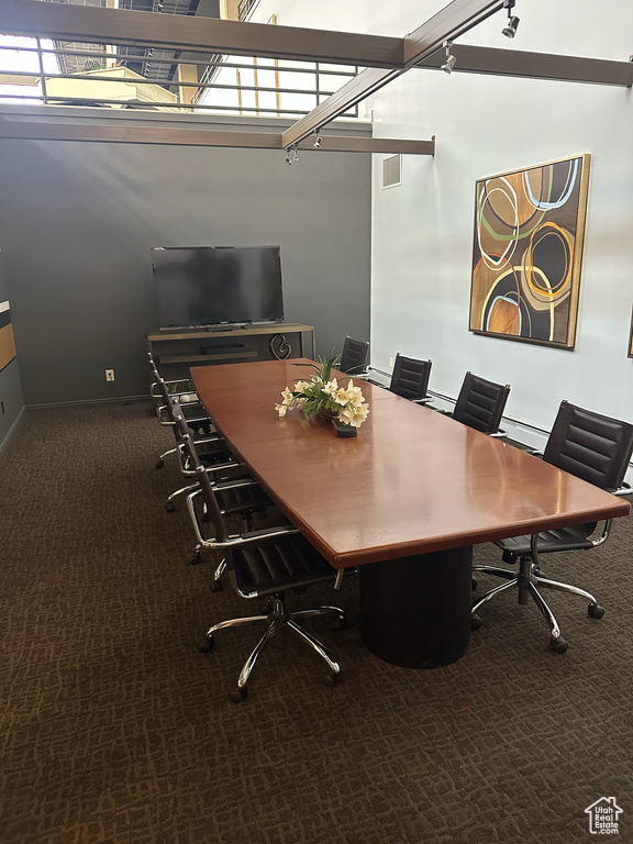 Carpeted office space featuring rail lighting, baseboards, and visible vents