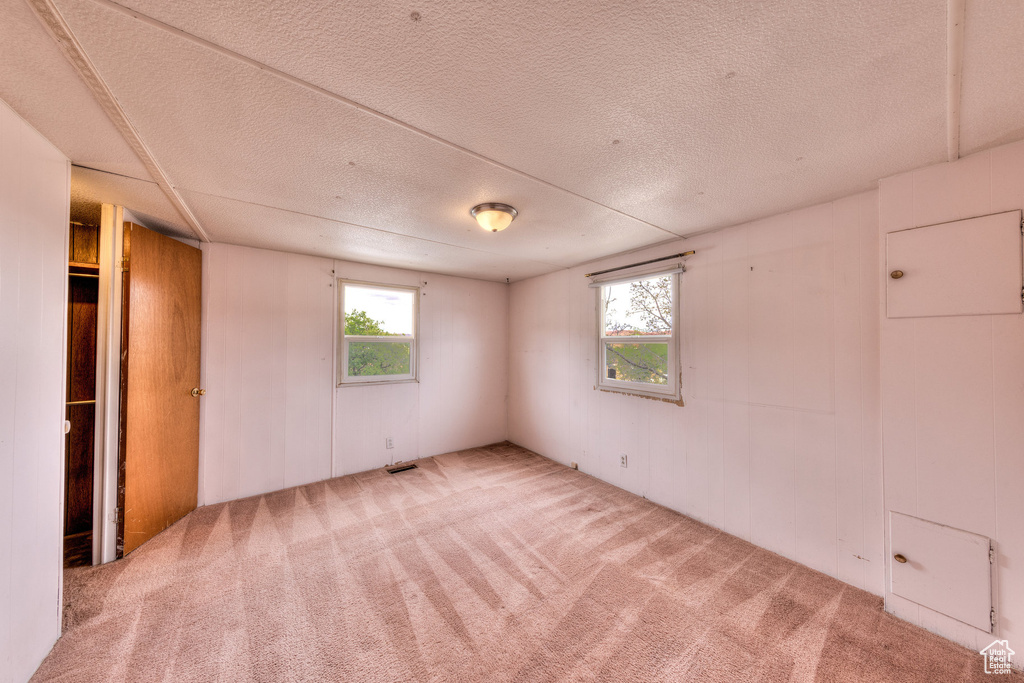 Unfurnished bedroom featuring carpet flooring, a textured ceiling, and multiple windows