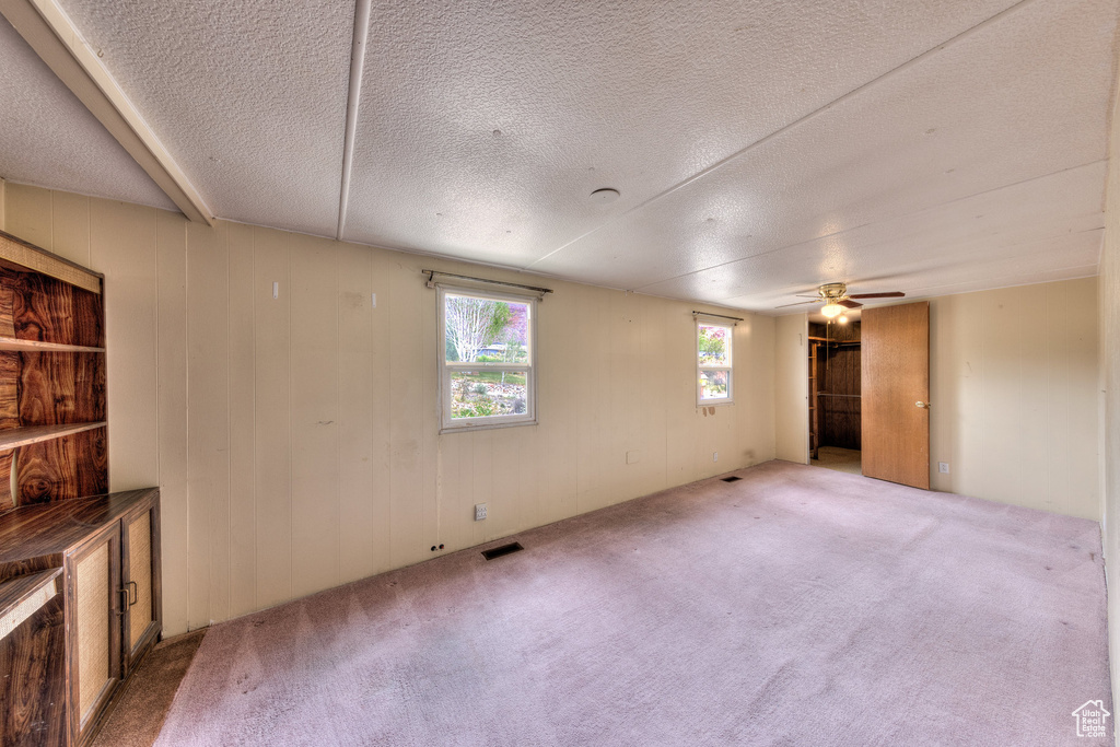 Below grade area featuring ceiling fan, carpet flooring, and a textured ceiling