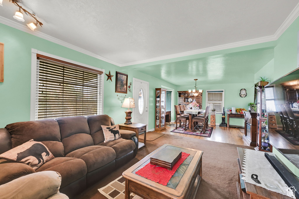 Living area with a chandelier, wood finished floors, and crown molding