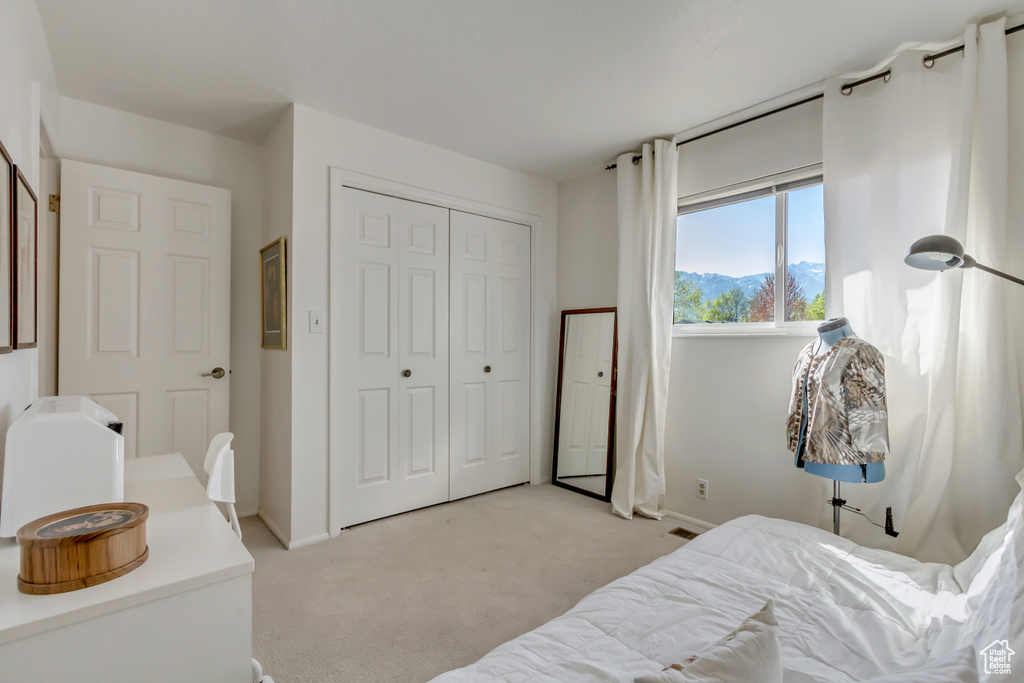 Bedroom with light colored carpet, baseboards, a mountain view, and a closet