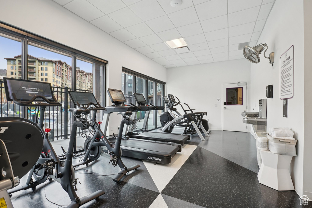 Exercise room featuring a paneled ceiling