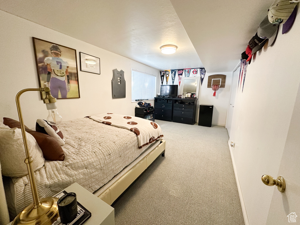 Bedroom featuring light colored carpet