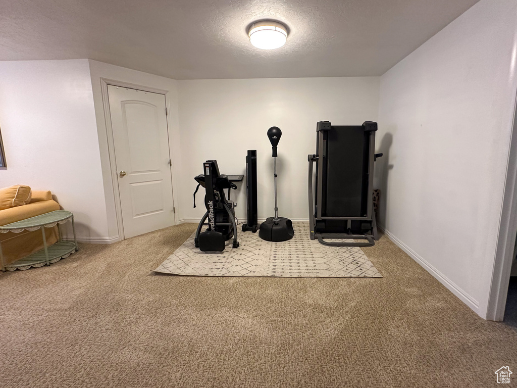 Workout room with baseboards, carpet floors, and a textured ceiling
