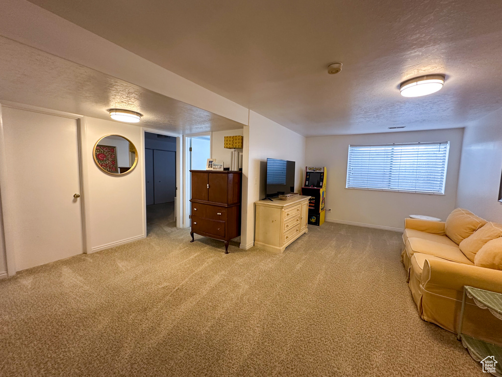 Carpeted living area featuring a textured ceiling and baseboards
