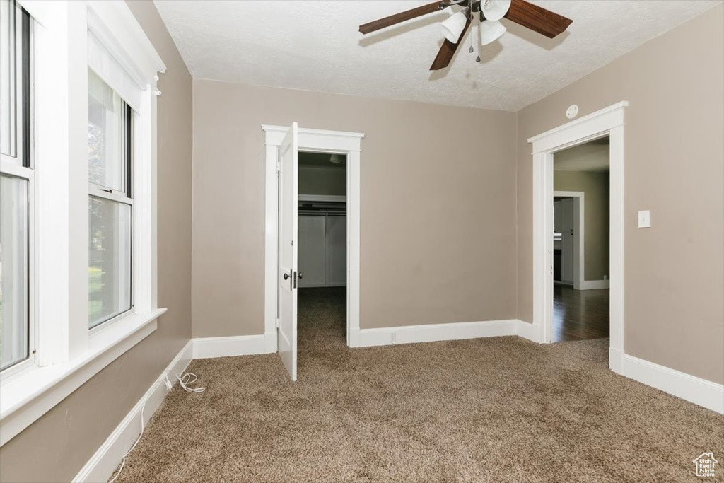 Unfurnished bedroom with baseboards, carpet, a spacious closet, and multiple windows