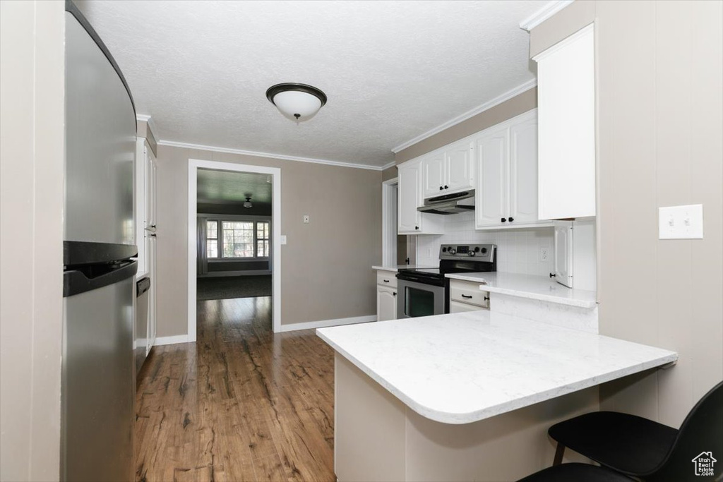 Kitchen featuring a peninsula, light wood-type flooring, under cabinet range hood, white cabinets, and stainless steel appliances